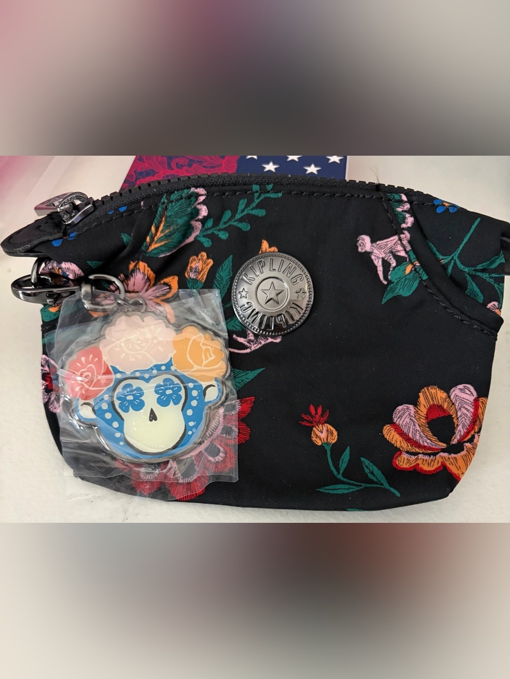 Kipling Frida Kahlo Black Floral Coin Pouch with Monkey Sugar Skull Charm
